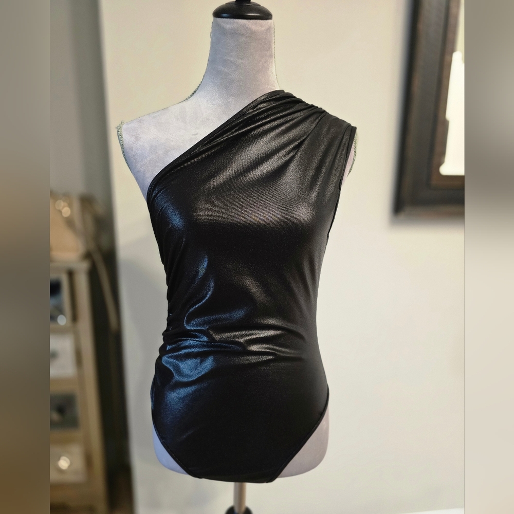 Women's Casual Faux Leather One Shoulder Bodysuit Asymmetrical Neck Sleeveless - Picture 10 of 13
